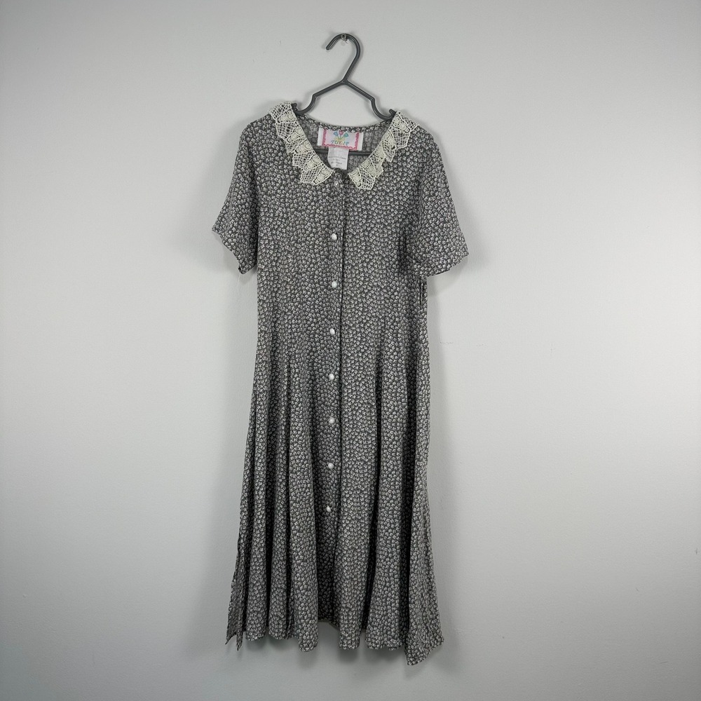 Tulip Vintage 90s‎ Floral Lace Collar Button Front Rayon Midi Dress Blue Pink 8